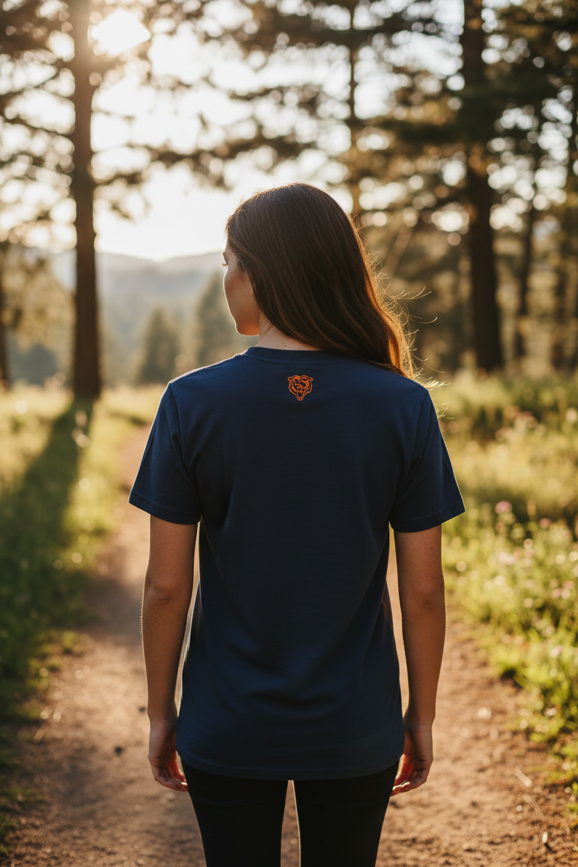 Back view showing bear logo on navy shirt