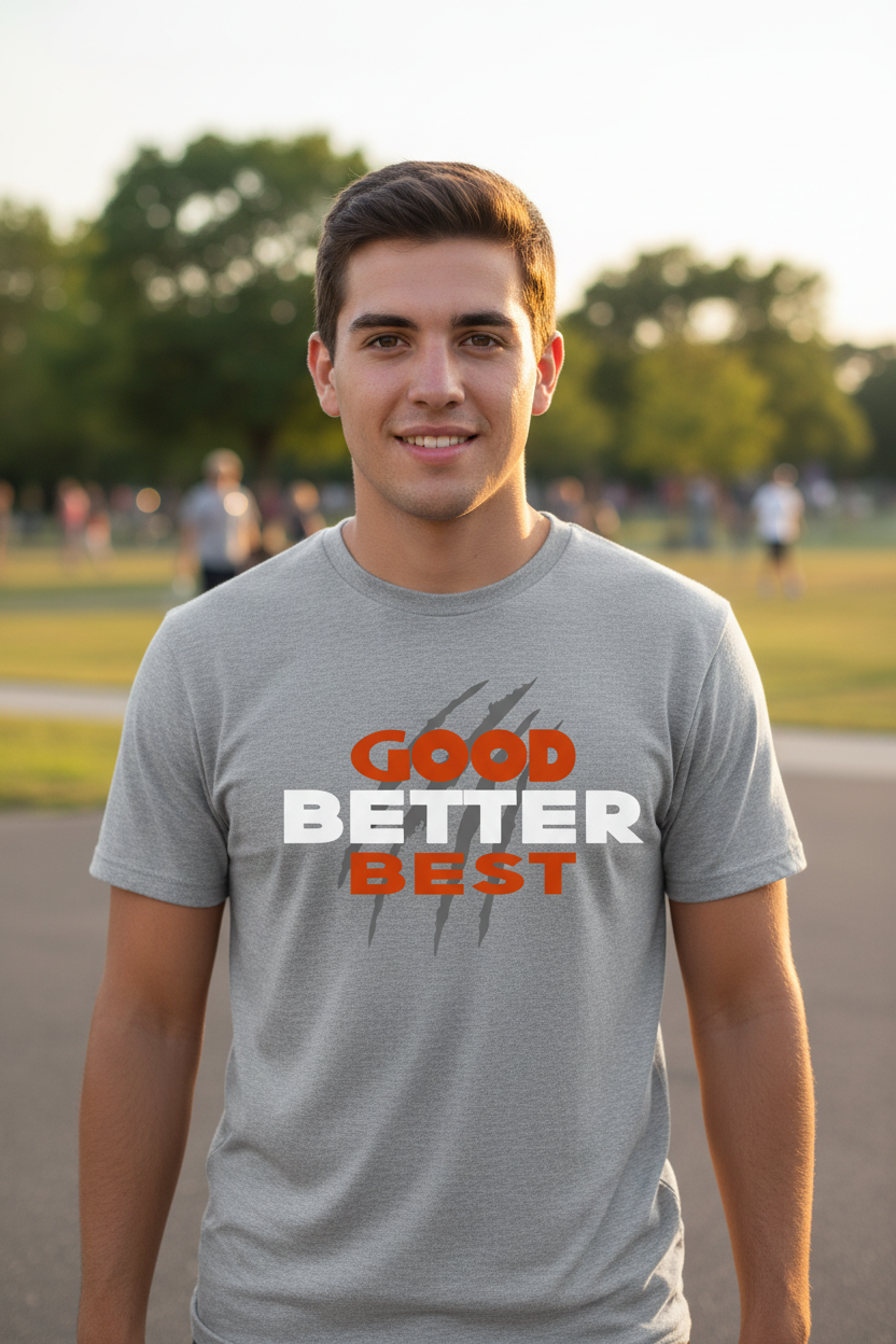 Person wearing GOOD BEST chest print - indoor