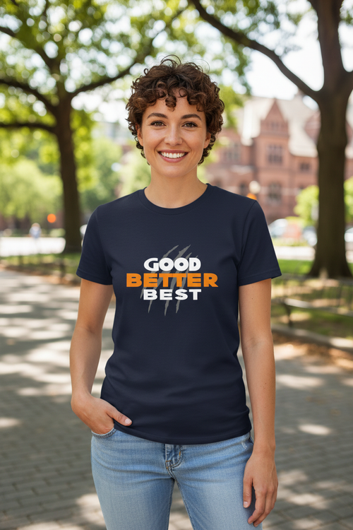 Person wearing navy Good Better Best shirt - casual pose