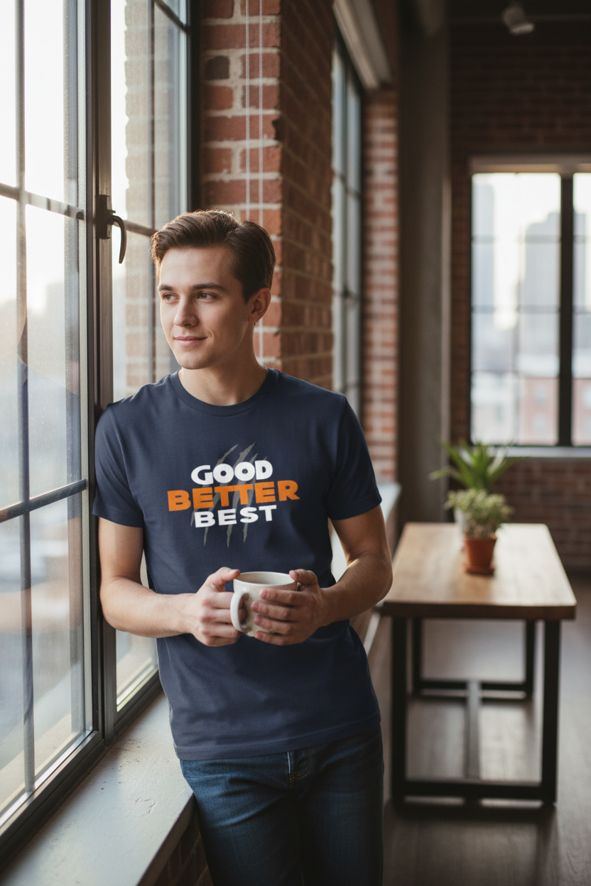 Person wearing navy Good Better Best shirt