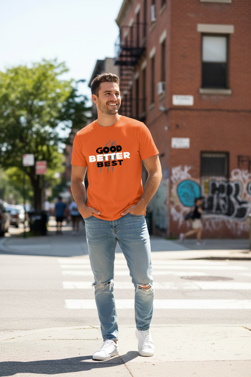 Person wearing orange Good Better Best shirt